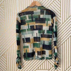 Azul By Moussy Y2K mesh lettuce hem geometric abstract long sleeve tee 2000s 90s